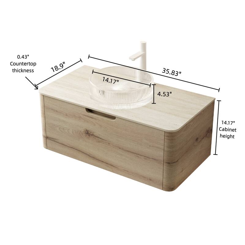 XAI 36" Bathroom Vanity with Sink, Floating Plywood Storage Cabinet with Drawer, Transparent Round Glass Basin