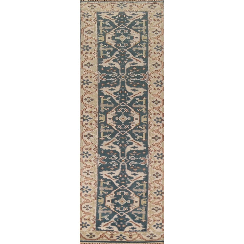 Transitional Blue Oushak Runner Rug Hand-Knotted Wool Carpet - 2'5" x 9'11"