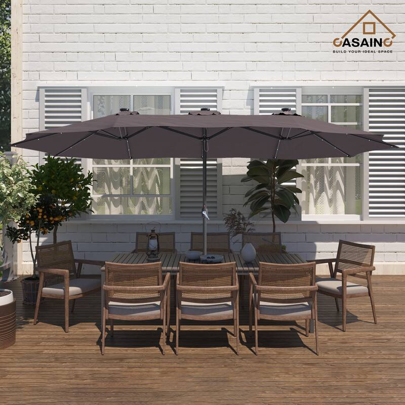 15-ft. Rectangular Crank Double-sided Outdoor Market Umbrella Solar LED Lighted Patio Umbrella with Base Included