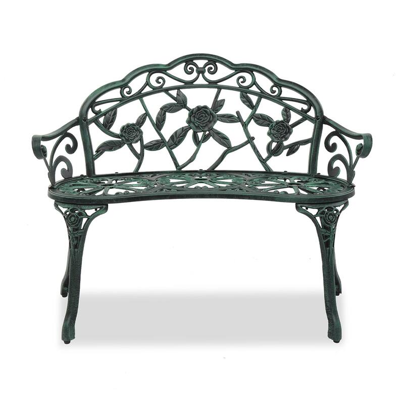 Outdoor Cast Aluminum Patio Bench with Curved Legs Rose Pattern