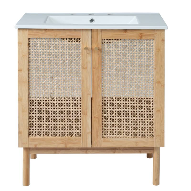 Bathroom Vanity with Handwoven Rattan Doors and Soft Close Mechanisms