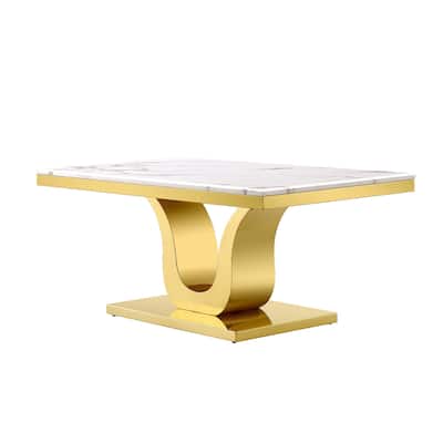 Gold Coffee Table with Stainless Steel gold U Base and 48 smooth white textured top For Living Room