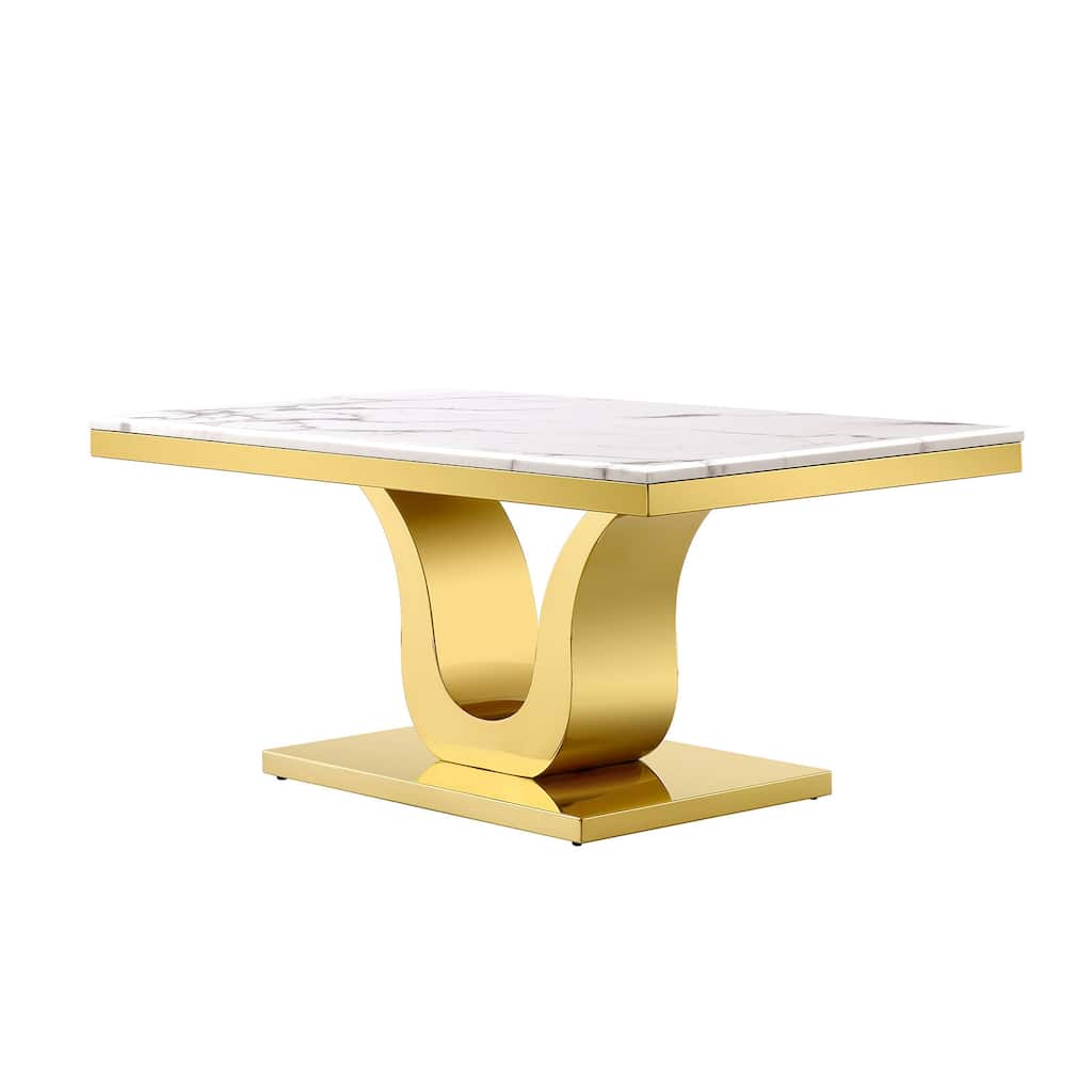 Gold Coffee Table with Stainless Steel gold U Base and 48 smooth white textured top For Living Room