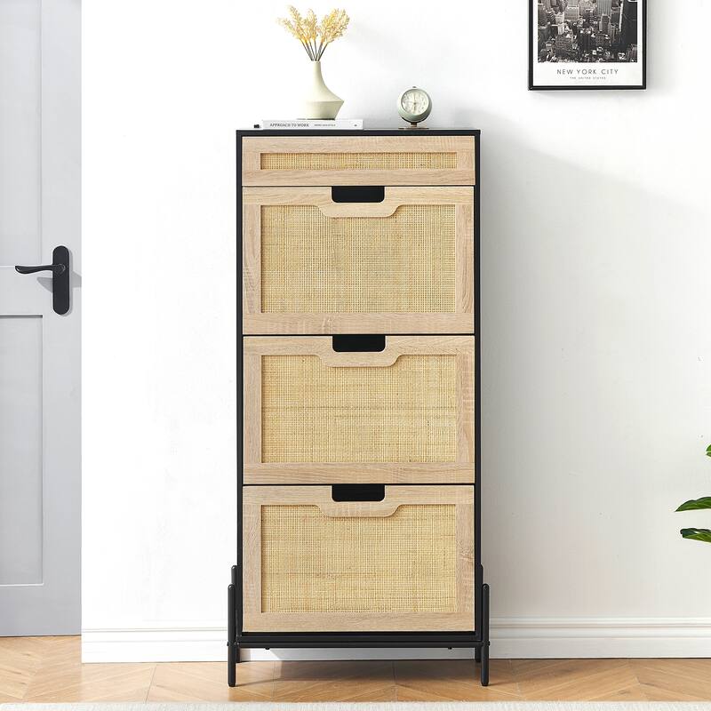 Rattan Storage Cabinet with 3 Flip Drawers