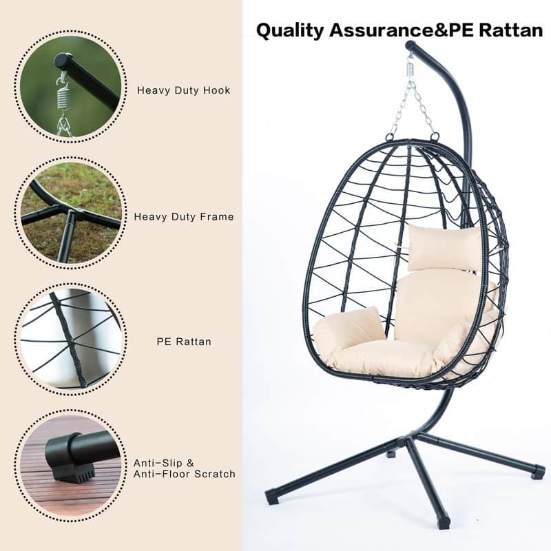Wicker Hanging Egg Chair with Stand - Boho Swing Chair for Patio, Living Room, Bedroom & Balcony