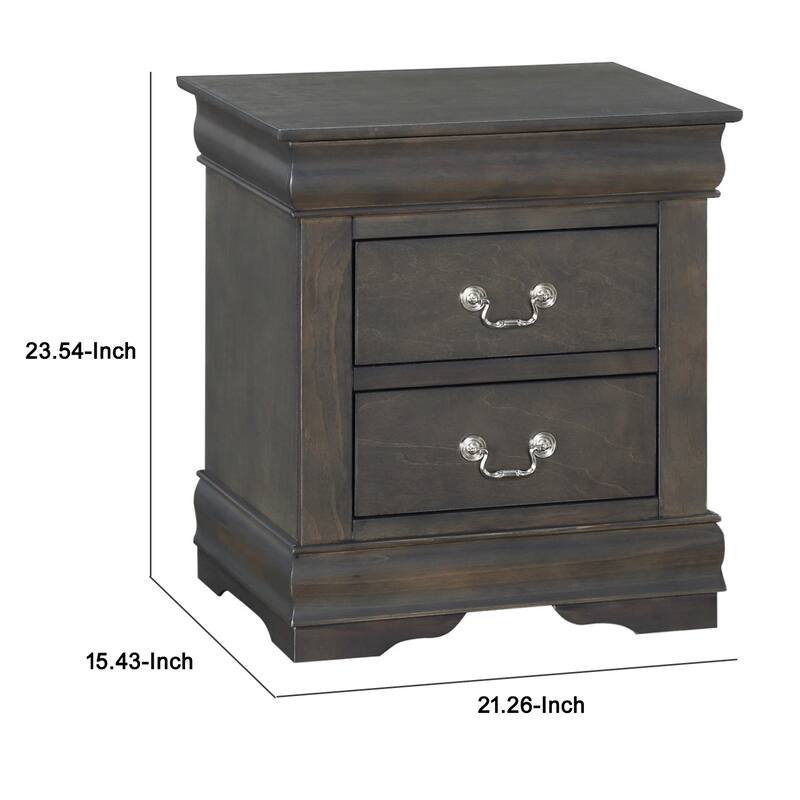 Traditional Style Wooden Nightstand with Two Drawers and Metal Handles, Dark Gray
