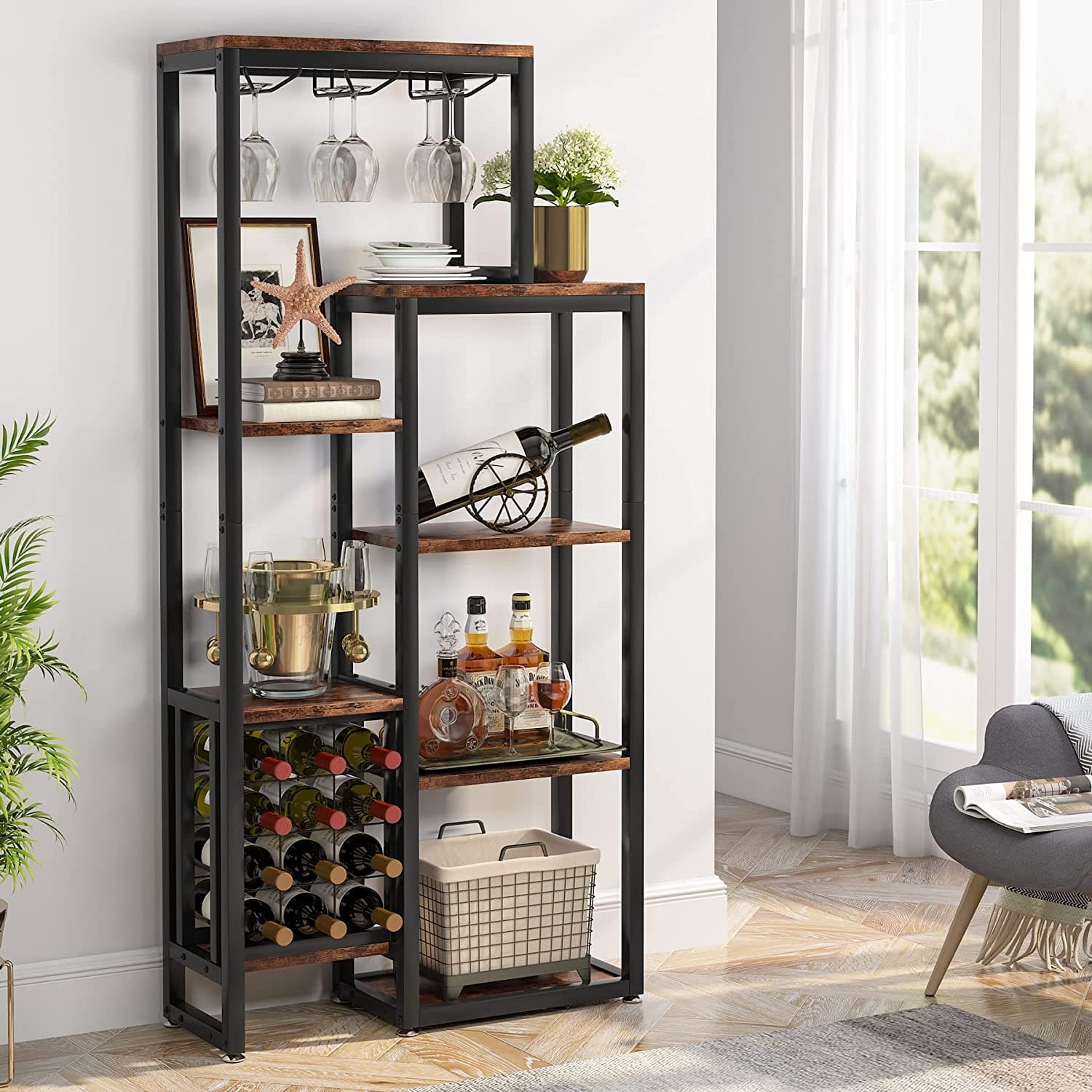 Freestanding Floor Wine Baker Rack with Glass Holder Wine Storage N A