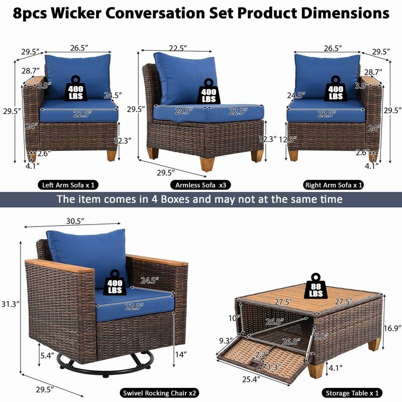 8-Piece Wicker Outdoor Conversation Set with Swivel Rocking Chairs and Acacia Wood Storage Table