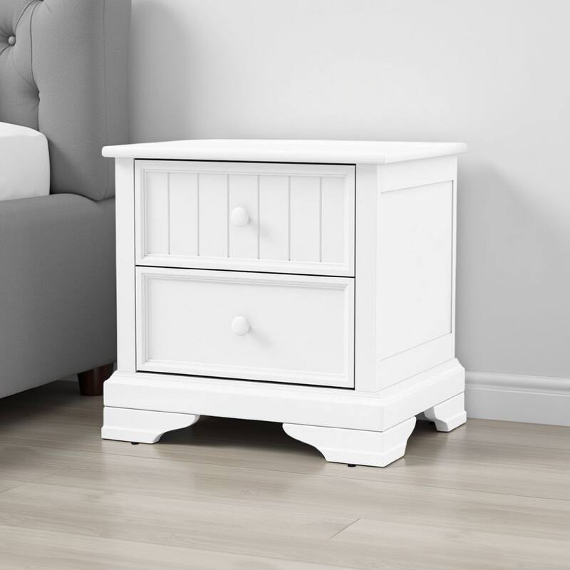 Toli Nightstand 2 Drawers w Round Knobs, White Solid Hardwood, 24 Inch