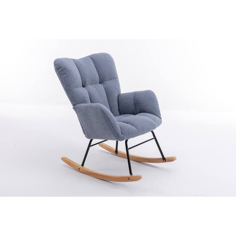 Light Blue Teddy Modern 31.5" High Back Upholstered Buttons Tufted Rocking Chair with Solid Wood Legs and Metal Base