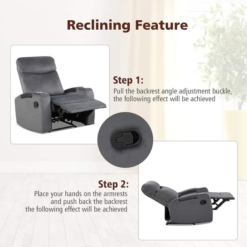 Costway Recliner Chair Single Sofa Lounger with Arm Storage & Cup