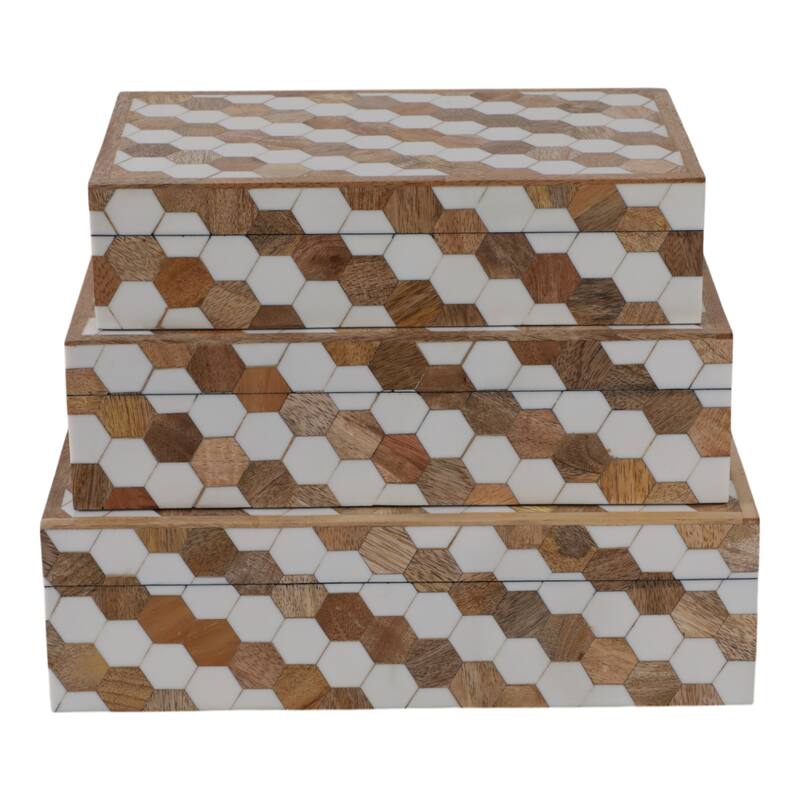 Wood Storage Boxes Geometric Inlay Modern Accent Decor (Set of 3) - 12" x 8" x 3.75"