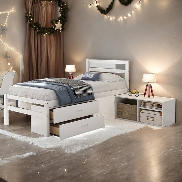 slide 2 of 15, Twin Size Wood Platform Bed with Removable Storage Shelves, 2 Built-in Storage Drawers,White White