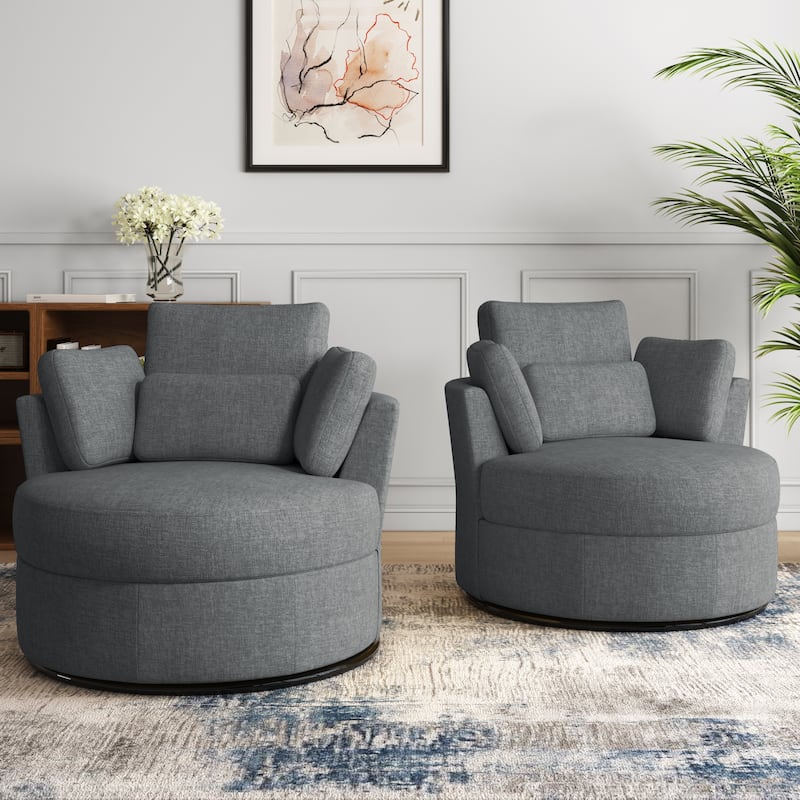 Upholstered Barrel Swivel Accent Chairs - Set of 2 - Grey Chenille