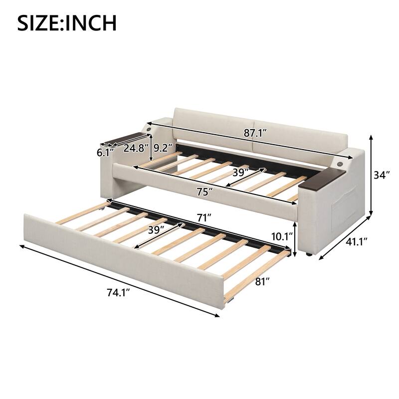 Twin Size Upholstery Daybed with Trundle USB Port Storage Arms聽