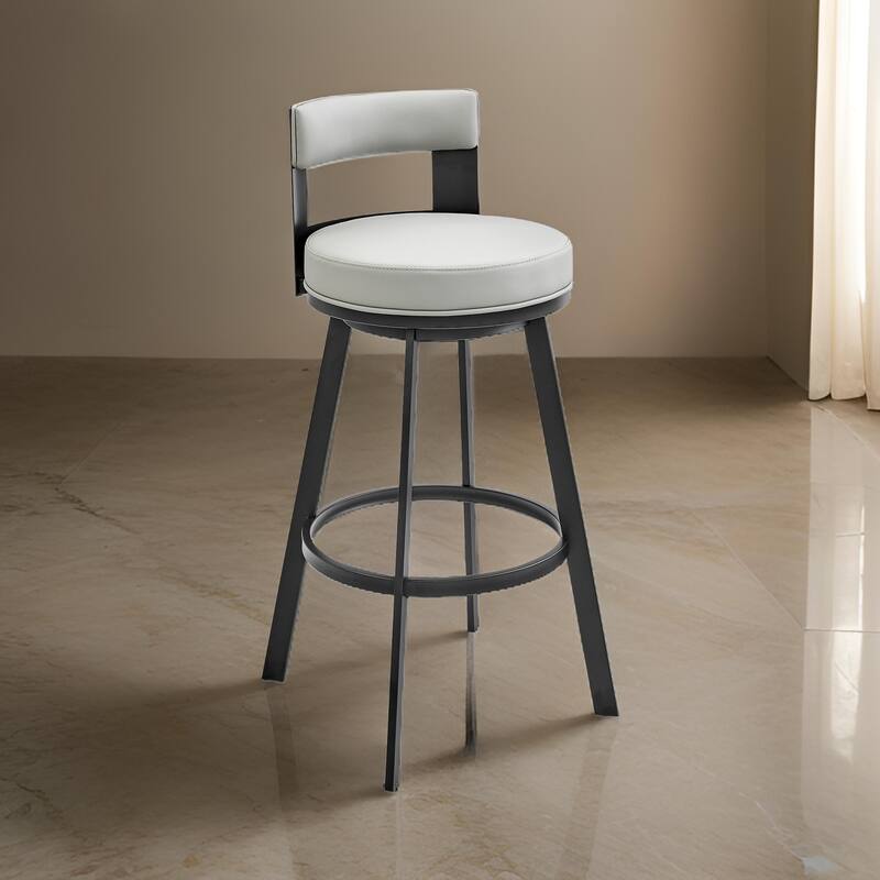 Ami 30 Inch Swivel Barstool Chair, Gray Faux Leather, Black Iron Frame