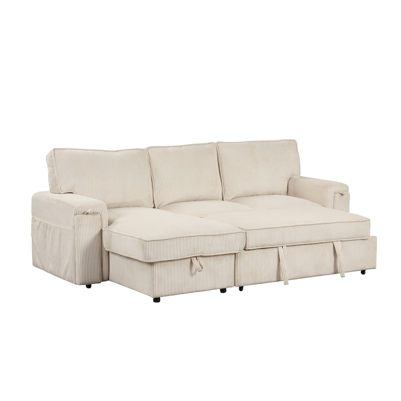 Upholstered Sleeper Sofa with Fold-Out Bed, Armrest Storage, Cup Holders, 3-Seater