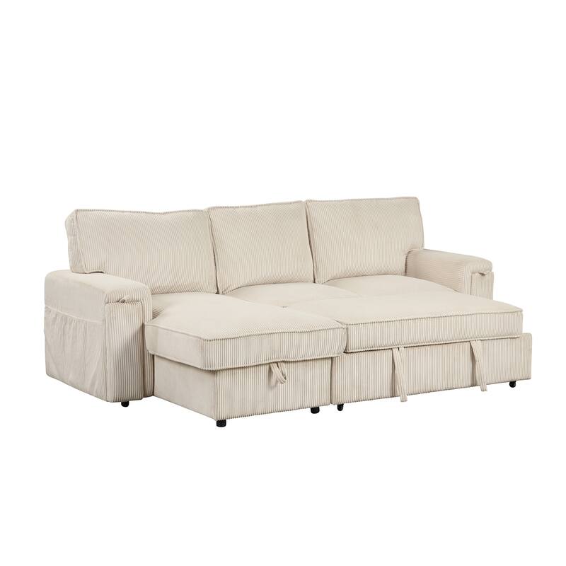 Versatile Sectional Sofa Set with 2 Cup Holders, 3-Seat Convertible Sleeper Sofa with Twin Pull-out Bed and Storage Bags