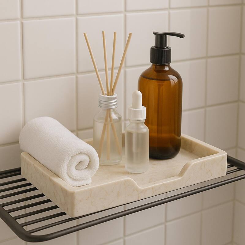 Creative Home Champagne Marble Scalloped Vanity Tray, Bath Towel Organizer Tray, Bathroom Accessory Organizer - Beige
