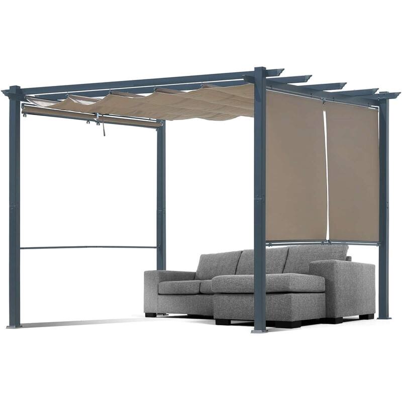 Aoodor 10 x 10 FT Outdoor Pergola with Retractable Shade Canopy, 4 Pieces Roller Shade Curtain