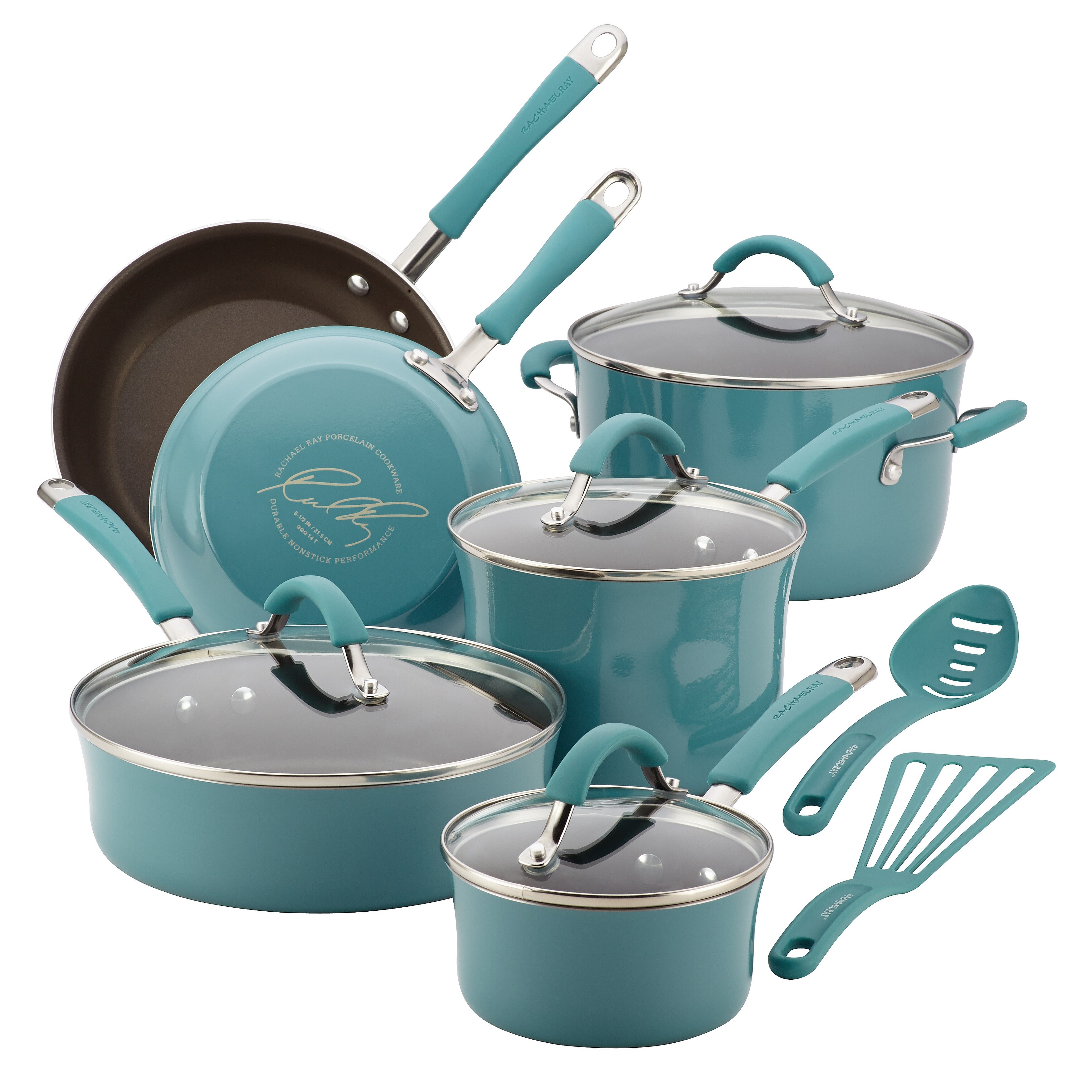 Rachael Ray 14 Piece Hard Enamel Nonstick Cookware Set, Marine Blue