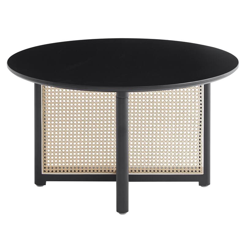 Mid Century Wooden Coffee Table Bohemian Style Coffee Table with Solid Wood and Frame Rattan Stand, for Living Room