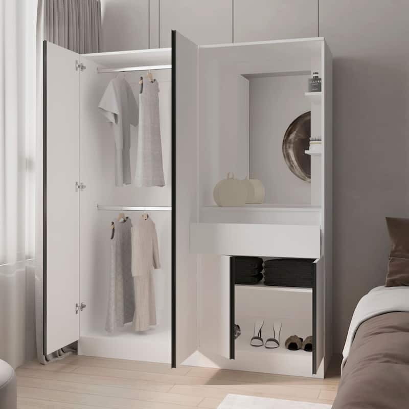 CaneMulti-Functional Wardrobe with Vanity Mirror and Storage, White