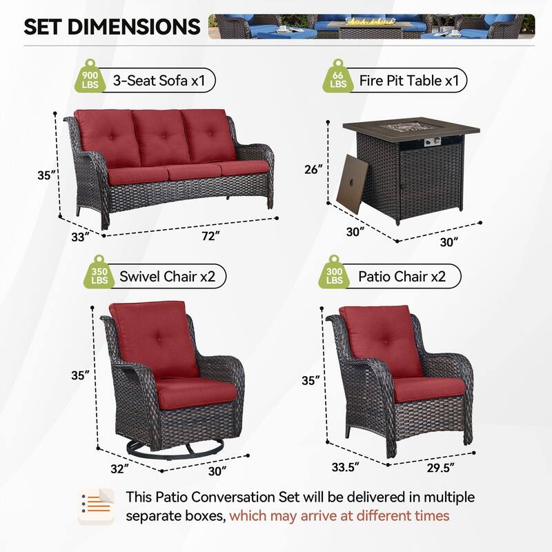 Fire Pit Table with Sofa 2 Swivel Chairs, 2 Patio Chairs