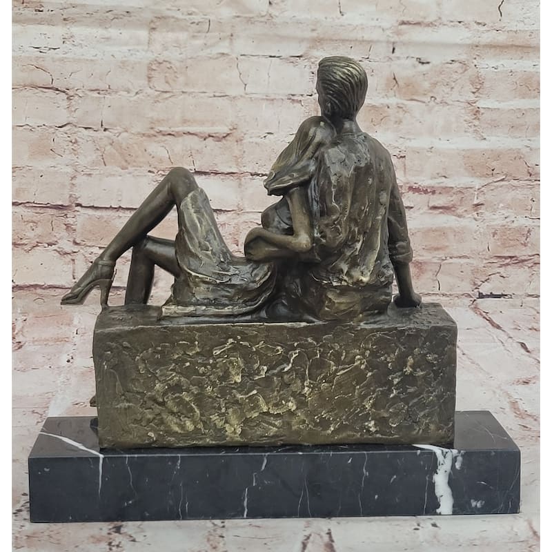 Relaxed Couple Bronze Sculpture – Intimate Sitting Lovers Figurine On Marble Base