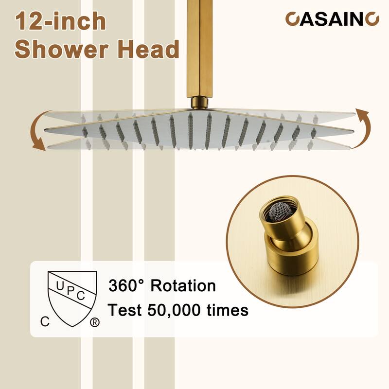 Luxury Thermostatic Shower System 1-Spray Patterns Ceiling Mount Fixed Shower Head and Handheld Spray with 6 Body Jets