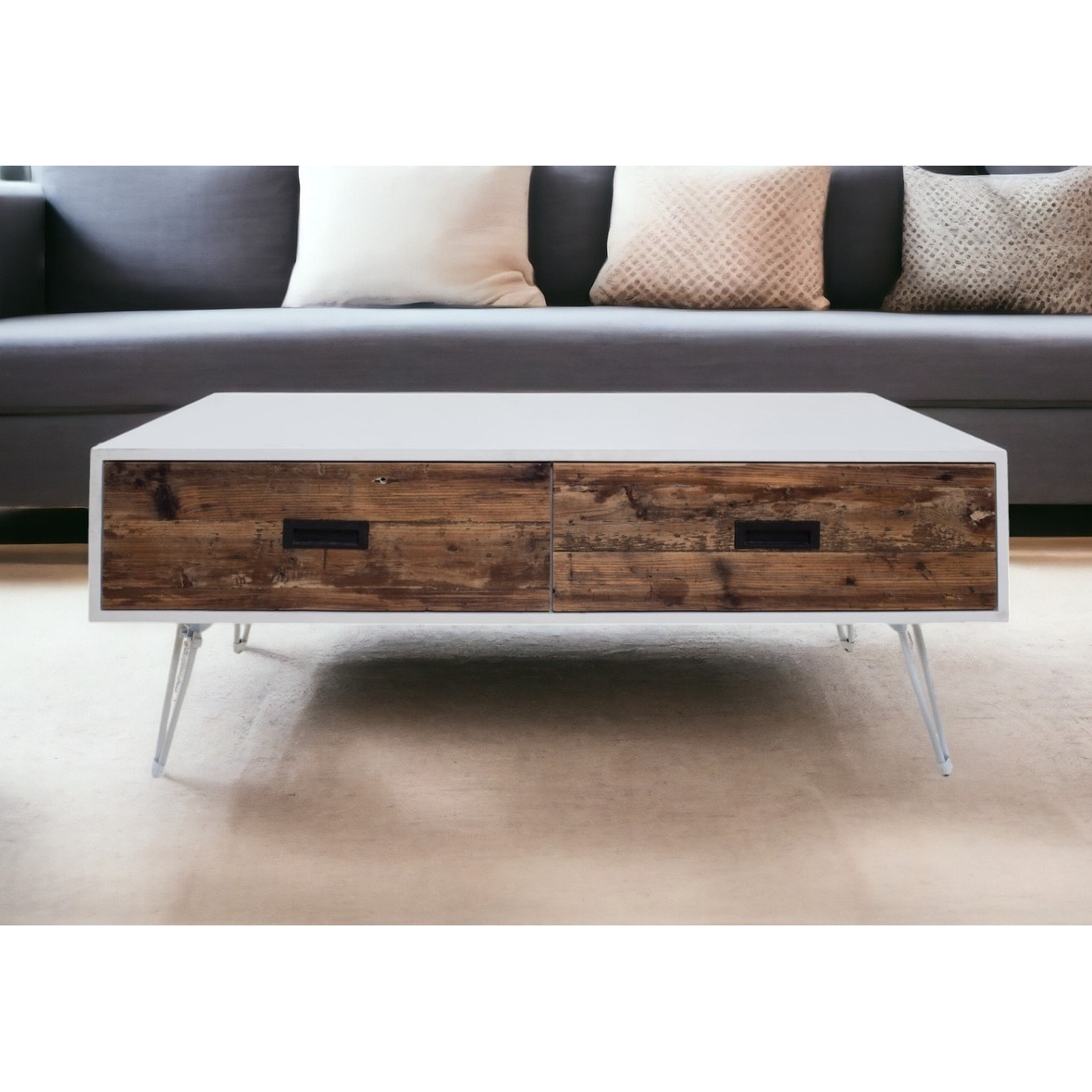 HomeRoots 48" Brown And White Wood And Metal Coffee Table With Two Drawers - 48' X '18' X '23