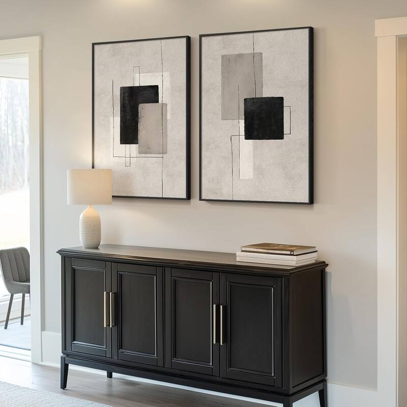 Framed Neutral Abstract Wall Art,Black and Beige Modern Canvas