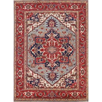 Geometric Heriz Serapi Indian Area Rug Hand-Knotted Wool Carpet - 8'0" x 10'0"