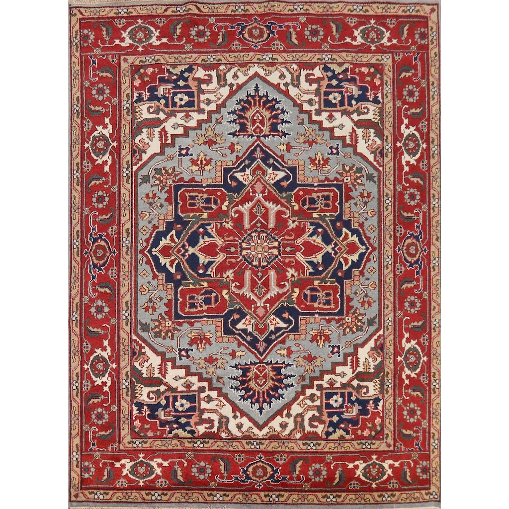 Geometric Heriz Serapi Indian Area Rug Hand-Knotted Wool Carpet - 8'0" x 10'0"