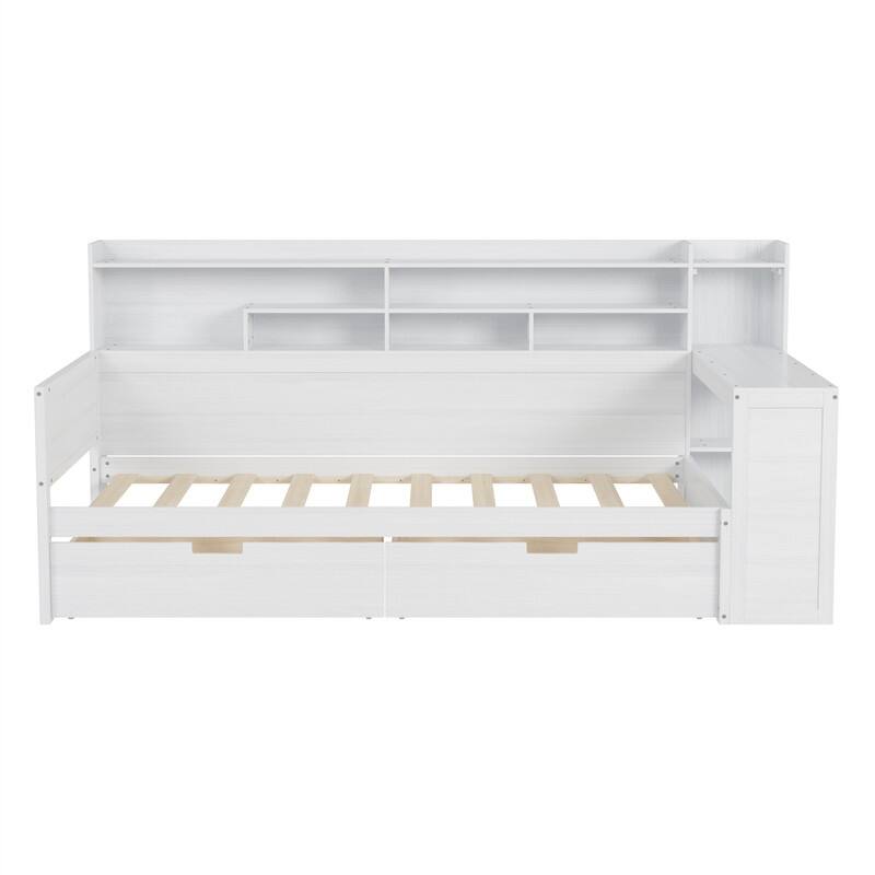 Twin/Full Size Daybed with 2 Storage Drawers and Study Desk, Wooden Multi-functional Sofa Bed Frame with Storage Shelves