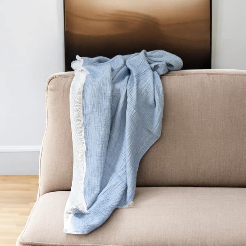 HomeRoots 47" X 60" Blue Cotton Woven Turkish Towel Throw Blanket with Fringe - Throw - Blue