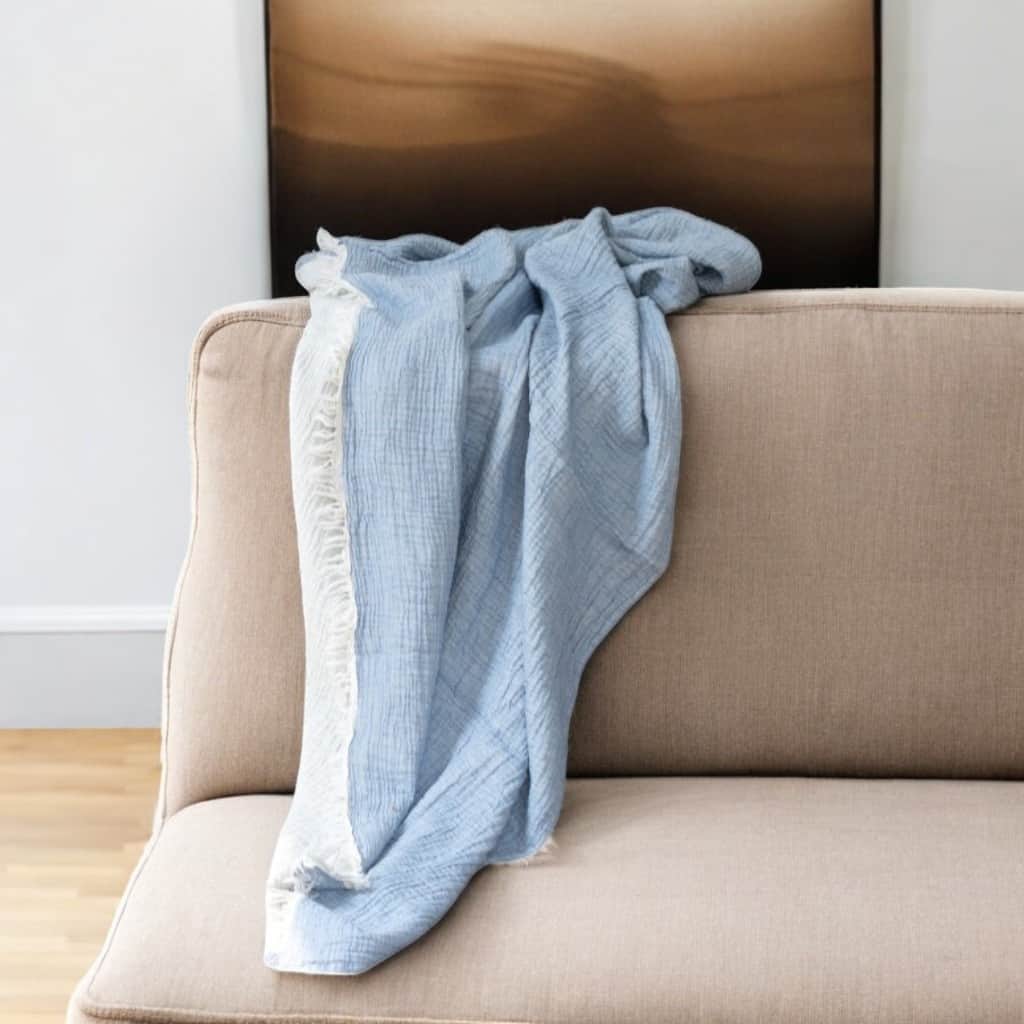 HomeRoots 47" X 60" Blue Cotton Woven Turkish Towel Throw Blanket with Fringe