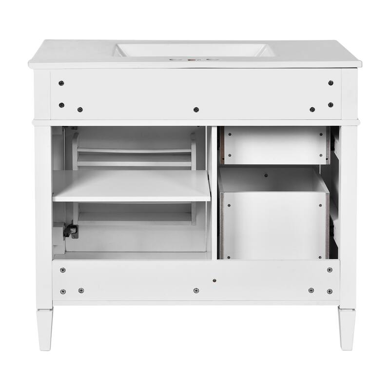 Modern Single Sink Bathroom Vanity Cabinet with Door Rack, Tip-out Drawer, 2 Pull-out Drawers, Metal Knobs and Adjustable Shelf