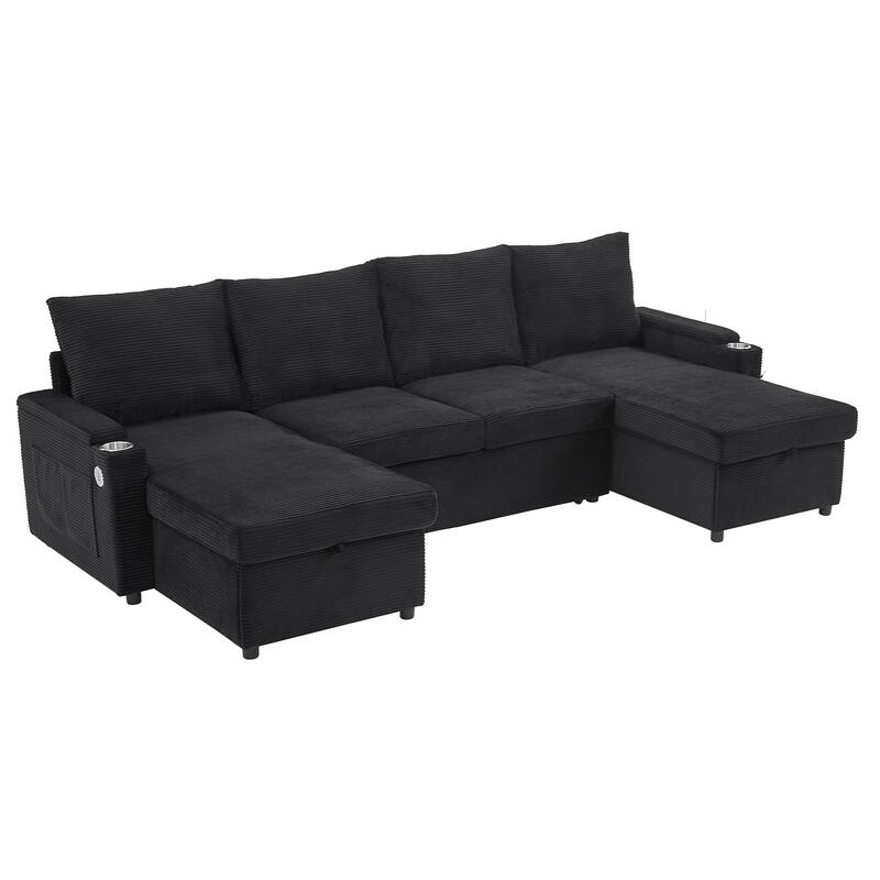 U-Shaped Sectional Sofa Convertible Sleeper Sofa with Dual Storage Chaise Lounges, Cup Holders, USB, Storage Boxes and Pockets