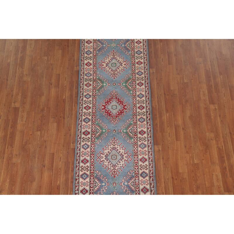 Hand Knotted Oriental 100% Wool Carpet Traditional Geometric Navy Blue & Blues Kazak Runner Rug - 8' 11'' X 2' 9''