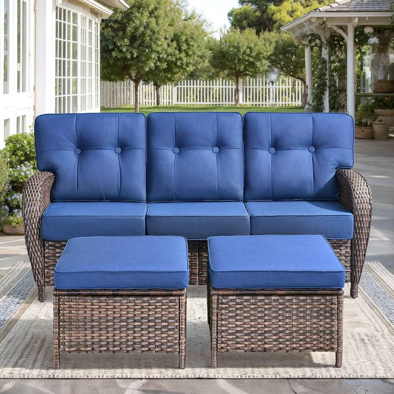 Gymojoy 3-Piece Outdoor Wicker Patio Furniture Set, 5" Thick Cushioned Rattan Sofa with Ottomans