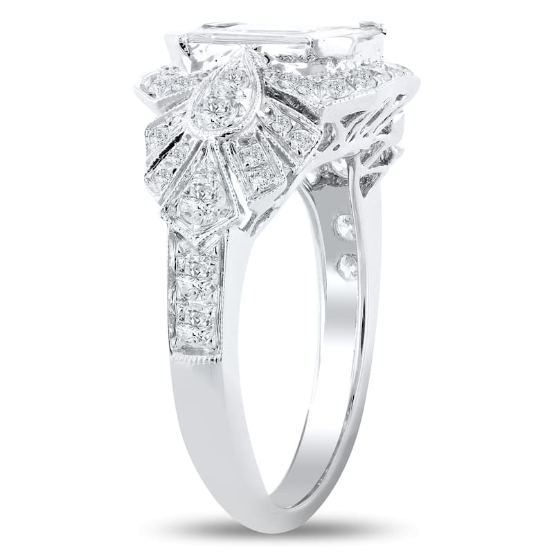 Auriya 14k Gold 1 5/8ctw Vintage Emerald and Trapezoid-Cut Diamond Halo Engagement Ring (G, VS1)