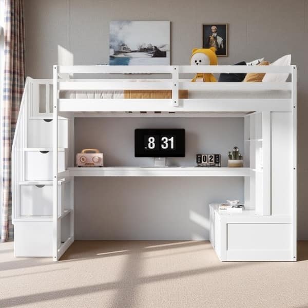 slide 2 of 26, Full Size Solid Pine Wood Frame Loft Bed with Built-in Desk, Storage Staircase, Shelves, and Dual Drawers White