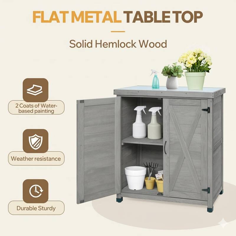 39" Wooden Rustic Potting Bench Table, Storage Cabinet Garden Shed with 2-Tier Shelves and Side Hook