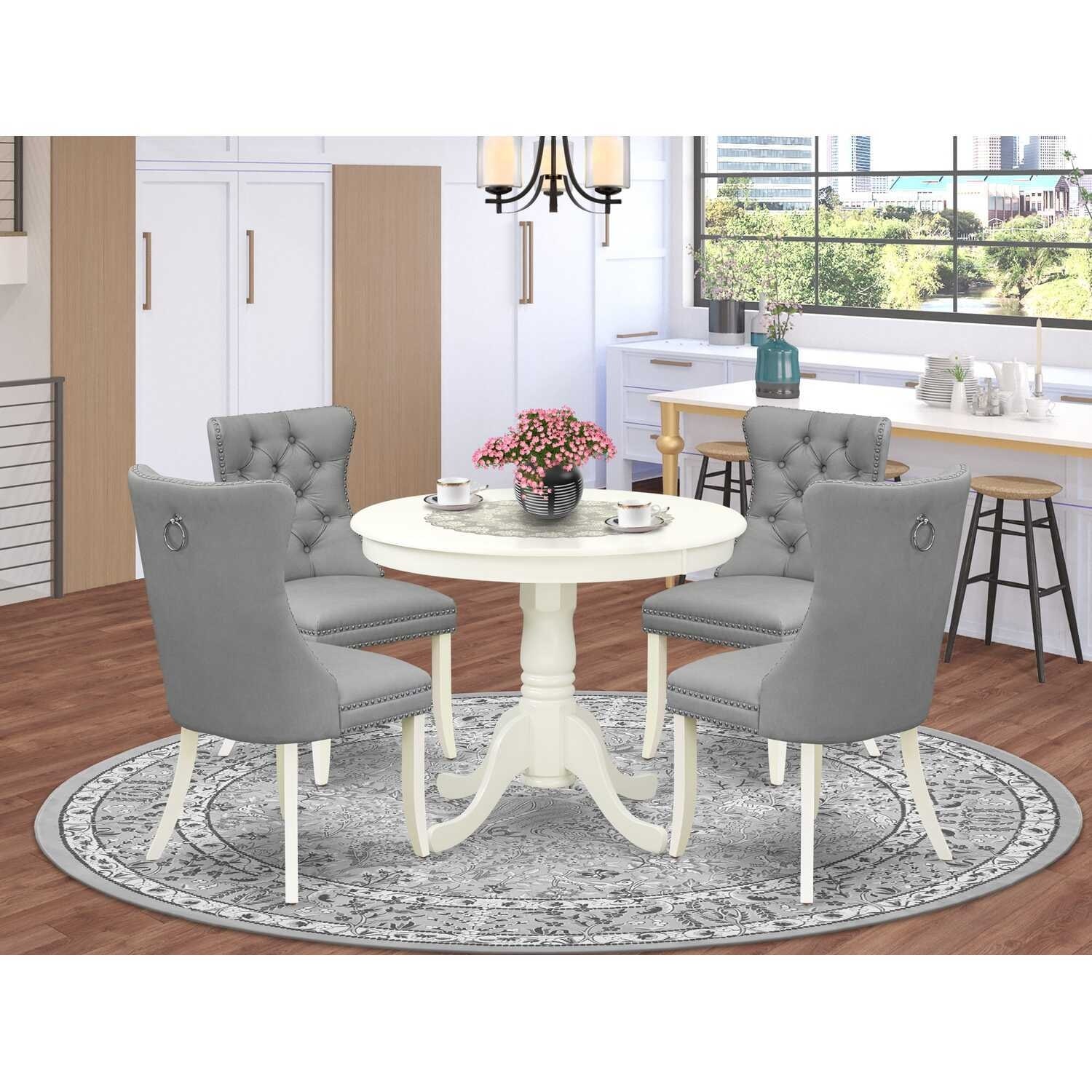 Round Dining Table Set with 4 Chairs - Linen White Kitchen Set - Pedestal Table & Parson Chairs
