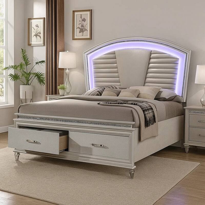 Sam Queen Bed with LED Lights, Storage, White Tufted Faux Leather