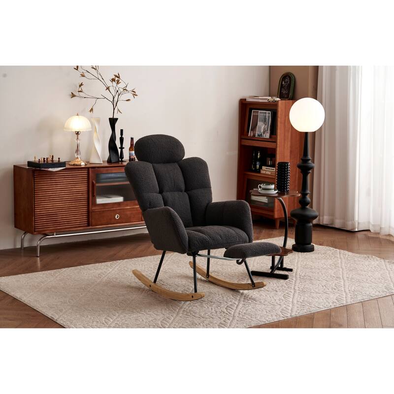 Comfortable Teddy Fabric Upholstered Rocking Chair with High Backrest and Pillows for Indoor Use