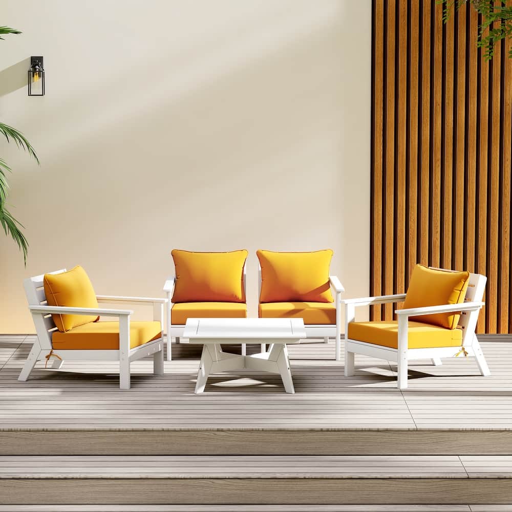 Birchwood All Weather HDPE Outdoor Patio White Deep Seating Conversation Set (5-Piece Set)