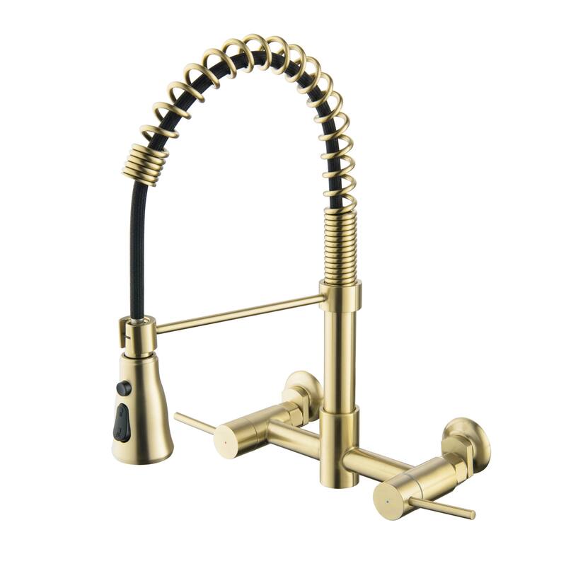Modland Wall-Mounted Kitchen Faucet with Pull Down Sprayer 3-Function in Brushed Gold/Matte Black - Brushed Gold