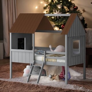 Twin Size Low Wood House Loft Bed With Two Side Windows for Home - Bed ...
